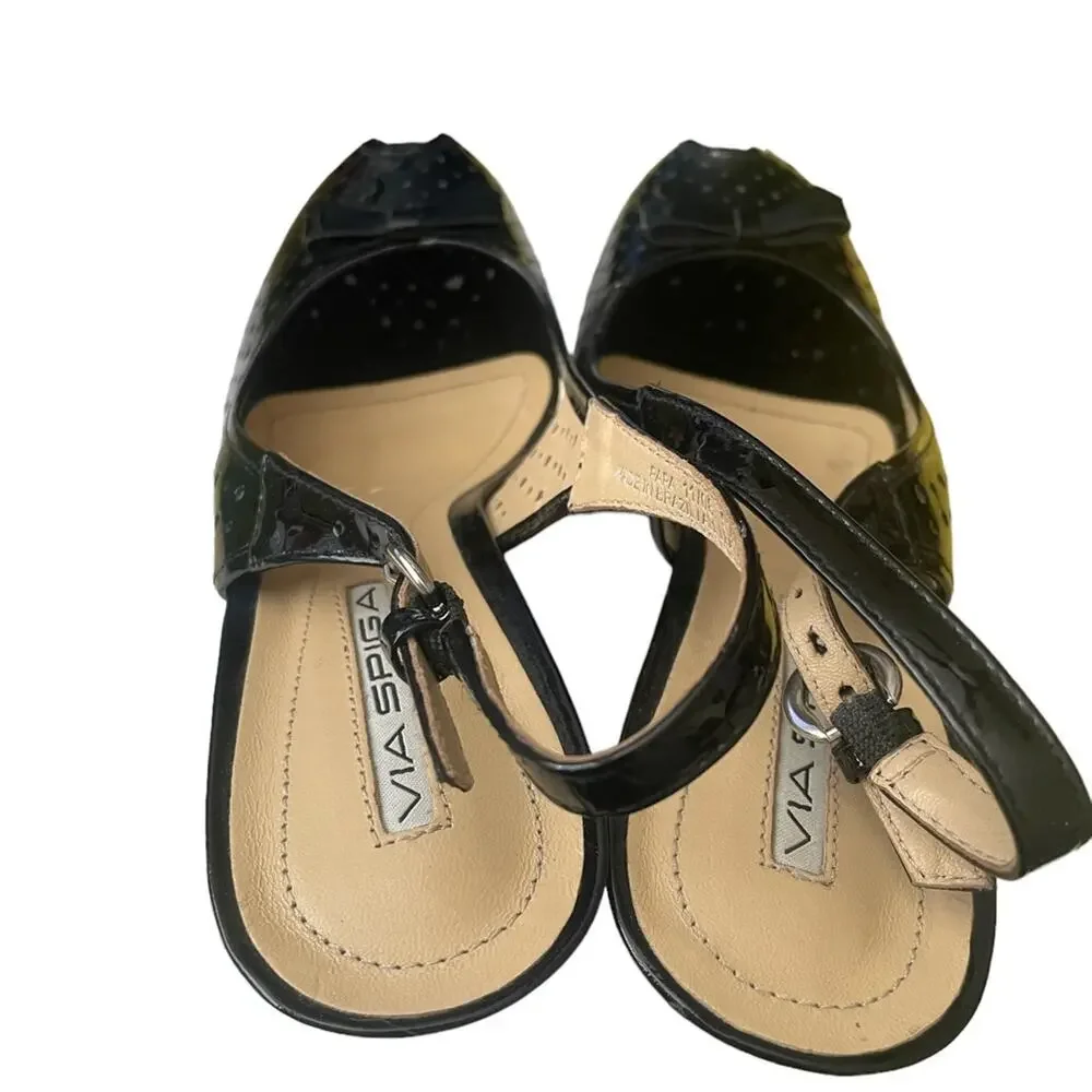 Via Spiga Sling Back Heels 9.5 Classic Perforated Leather Bow Peep Toe Black - Picture 5 of 9